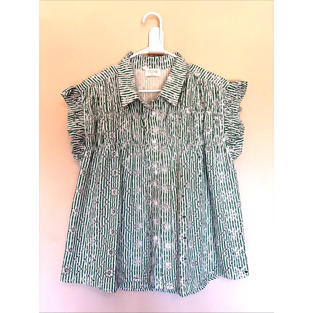 Fate Green/White Eyelet Ruffle Detail Button Front Blouse Shirt Top Womens Small